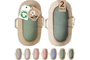 BUNNYJIK GOTS Organic 2 x Moses Basket Fitted Sheets 74x30-28x74cm - 65 x 28 Airy & Cooling – 190GSM Organic Cotton - Compatible with Ovale | Paml & Wicker Moses Baskets