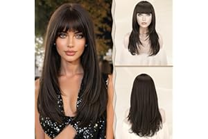 Sofeiyan Parrucche Bruno Lunga Layered Con Frange Lisci per Donna,Radici Scure Capelli Ondulati Parrucche sintetico Resistenti al Calore Naturale dritta Parrucche con frangia per Halloween/Party-60cm