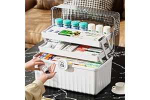 Gemsaya 3 Layer Medicine Storage Box, Portable First Aid Box Empty with Handle, White Portable Medicine Boxes Organiser with Lid, Large Home Medication Storage Cabinet, 32 x 18 x 22cm