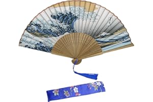 KEYIDO AWCIGG Japoński Wachlarz Falowany Kanagawa Ręczny Wachlarz Składany Jedwabny Materiał, Składany Wachlarz z Frędzlami i Ochroną, Damski Bambusowy Wachlarz do Dekoracji ścian, Prezenty, Taniec, Cosplay