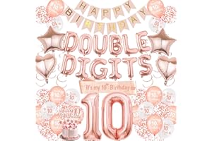 AURMONIGO Happy 10th Birthday Decorations for Girls - 77 Pieces Rose Gold Double Digits Theme Includes Banner, Number 10 Balloons, Hanging Swirls, It’s My Birthday Sash, for 10-Year-Old Birthday Party Supplies
