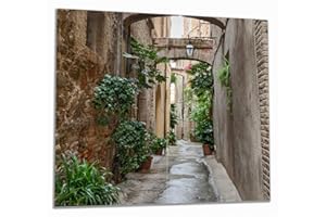 Wallario Herdabdeckplatte/Spritzschutz aus Glas, 2-teilig, 60x52cm, für Ceran- und Induktionsherde, Grüne italienische Gasse - mit Alten Bögen