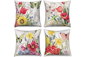 Hnmdmyi Funda de cojín Flores 40x40 Juego de 4, Granja Jardín Terraza Flores de Colores Mariposa Fundas de Almohada Decorativa Estética Funda de cojín de Lino para sofá Exterior decoración del hogar