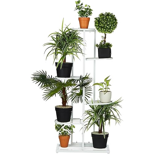 Amazon Brand - Solimo 7 Tier Metal Potted Flower Pot Stand (White) |Multi-level Plant Stand For Garden Balcony Outdoor Indoor Living Room | Pot Stand (without pots)