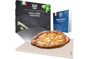 CLP Pierre À Pizza en Cordiérite avec Livre De Recettes I pour Four, Grill 38x30 CM I Seule Ou en Set avec Pelle À Pizza Et Coupeur, Contenu du Set:Pierre à Pizza+Poussoir