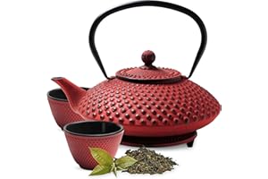 Tealøv THEIERE Fonte 1,25 Litre Set Complet | BOÎTE Cadeau | Service à Thé en Fonte avec Théière, 2 Tasses & Dessous Théière | Entièrement Émaillée de l'Intérieur | Design De Style Japonais | Rouge