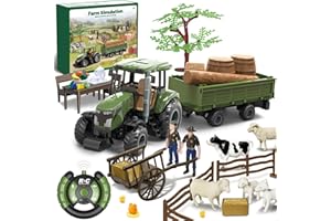 CIRMINE Tracteur télécommandé RC avec remorque, jouet de ferme avec animaux et figurines, commande 2.4GHz et 2 batteries , tracteur jouet pour enfants dès 3 ans, cadeau amusant pour les fêtes ou anniversaire