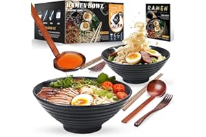 YTLEMON Ceramic Ramen Bowl Set of 2 - Porcelain Japanese Salad Noodles Cereal Fruit Pasta Soup Large Bowls 2×1000 ml 34 Ounces with Recipes Chopsticks Forks and Spoons for Party Camping(Black)