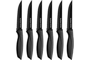 Ruffulon Coltelli da Bistecca,Set di 6,Coltelli da Cucina Neri,Coltelli Bistecca Seghettati in Acciaio Inox,Ultra Affilati,Coltelli da Cucina Professionali,Coltello da Tavola per Carne