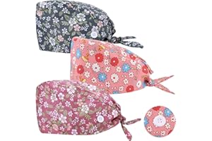 Yolev 3 Stück OP Haube Verstellbar mit Knopf Arbeitskappe Baumwolldruck Kranken schwesternkappe Unisex Staubhauben Kappe（Blumen Stil）