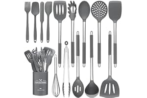 UMIKAkitchen Set di utensili da cucina, 15 pezzi in silicone resistente al calore, antiaderente, senza BPA, manico in acciaio inox, spatola, cucchiaio, pinze, baffi, pentole (grigio)