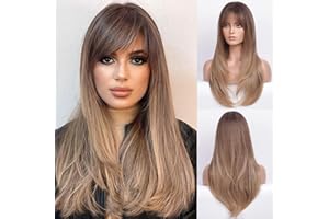 ‎HAIRCUBE HAIRCUBE 25 Zoll Ombre braune lange Perücke mit Pony natürliches Aussehen hitzebeständige synthetische Perücke geeignet für modische Frauen