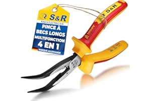 S&R Pince à becs demi ronds courbes 200 mm. Pince d’éléctricien coupe fils avec isolation VDE 1000 Volt