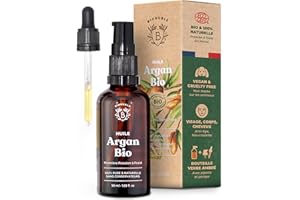Bionoble Huile d'Argan Bio 50ml - 100% Pure, Naturelle, Pressée à Froid - Bouteille en Verre + Pipette et Pompe - Huile Argan Cheveux Visage Corps - Pure Organic Argan Oil, Huile dArgan Cheveux