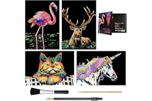 ARTSPER Rainbow Scratch Art Painting Paper (A4) for Kids & Adults, Night View Scratchboard, Art & Craft, Engraving Art Set: 4 Sheets Scratch Cards & Drawing Pen, Clean Brush (Unicorn/Flamingo/Cat/Deer)