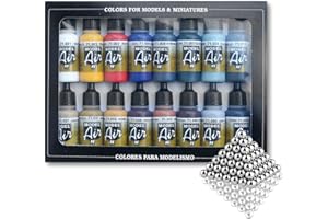 Silu- Silu Vallejo Model Air 71.178. Set di vernici Vallejo con 16 palline di miscelazione in acciaio inox, modello Air per dipingere modelli, miniature e diorami, indicato per aerografo