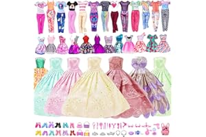 FCXQG 48 Pcs Barby Kleidung Original Puppen Zubehör Barby Kleidung Set Puppen Zubehör Barby Kleidung Set Puppen Zubehör 14 Kleider 2 Halsketten 2 Kronen 18 Accessoires 2 Taschen 10 Paar Schuhe