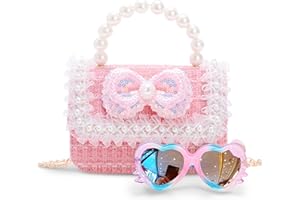 RISTPAL Toddler Purse for Girls, Kids Purse with Pearl Bow, Little Girl Purses with Sunglasses, Gift for 3-12 Year Old Birthday Gift, Princess Handbags, Crossbody Bag for Girl (Pink)