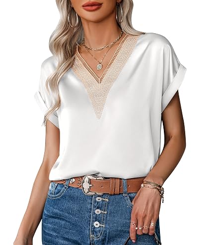 iWoo Maglietta da donna girocollo a maniche corte camicetta plissettata con maniche gigot top elegante e alla moda tunica camicette camicie, Rosso Bianco Dot, M