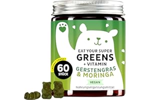 Bears with Benefits Complexe de vitamines et minéraux hautement dosé - 8 superfood - Moringa, herbe d'orge, chlorella, zinc, fer - Oursons gélifiés (60 pcs) - Bears with Benefits Eat Your Super Greens