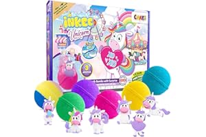 INKEE Pudełko prezentowe z jednorożcem, 6 bombek kąpielowych dla dzieci z niespodzianką, 6 kul kąpielowych z figurkami jednorożca w 6 różnych kolorach