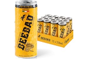 BEEBAD® Energy Drink Naturale con Caffeina, Maca e Ginseng - Pre Workout Ricco di Vitamina B, Pappa Reale, Propoli, Dolcificato con Miele, Senza Glutine - Made in Italy (12 Lattine)