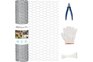 MAIYADUO Chicken Wire 40cm x 7m - Outdoor Anti-Rust Hexagonal Galvanized Garden Fence Wire Netting for DIY Craft Garden Protection, with Cutting Pliers and Gloves