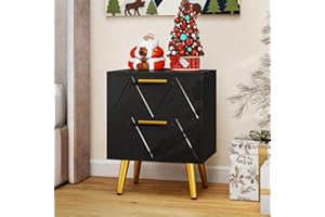 YITAHOME Bedside Table with 2 Drawers and Power Station, Modern Nightstand End Table with Gold Metal Legs and Handles, Storage Side Table for Living Room, Bedroom, 40x30x52cm (Black)