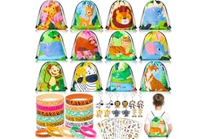 Latocos 48Pcs Dschungel Party Mitgebsel kindergeburtstag Geschenktüten Sporttasche Silikonarmband Schlüsselanhänger Aufkleber für Kinder Jungen Safari Tiere Deko Waldtiere Themed Party