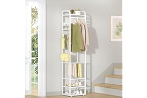 HEXCELEN Garderobenständer, Kleiderständer mit 4 Ablagen und 13 Haken, Aufbewahrungsregal mit Umkehrbaren Ablagen, Garderobe, 30 x 40 x 186 cm, für Schlafzimmer, Wohnzimmer, Flur, Weiß