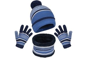 Maylisacc Ensemble de Bonnet Echarpe Gants Hiver pour Enfants de 3 à 6 Ans avec Doublure Polaire Double Épaisseur, Bonnets Tricotés avec Pompon et Snood Gant pour Garçons Filles
