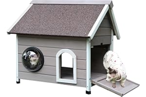 HiCaptain Casa para Gatos Exterior Resistente a la Intemperie, casa de Madera para Mascotas con Forma única, caseta Perros Exterior, Ventana de cúpula, Puerta de Escape y altillo extraíble, Gris