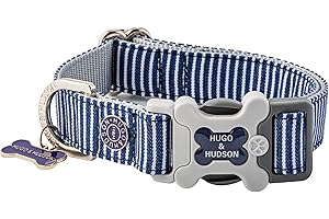 HUGO & HUDSON Nylon Dog Collar with Quick Release Safety Buckle, Navy Striped, M