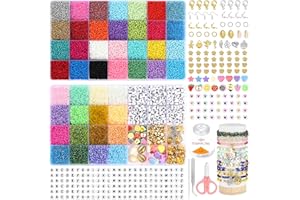 FOENWOEN 44000 Abalorios para Hacer Pulserast, 21 tipos de perlas accesorios, 44 colores perlas para enhebrar 2 mm, cuentas para pulseras, 300 cuentas de letras, juego de cuentas para pulseras joyas