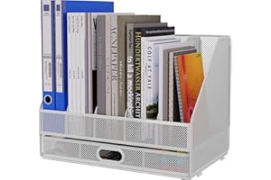 EasyPAG Stojak na Dokumenty A4 5 Przedziały Metal Siatka,Segregator Stojący,Półki na Foldery,Organizer na Biurko,Taca na Czasopisma,Półka na Listy z Szuflada do Domu & Biura,Biały