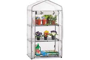 Christow Mini Greenhouse 3 Tier, Small Portable Garden Growhouse, Reinforced PE Plastic Cover, Heavy Duty Steel Frame, Three Shelves With Clips, Compact Size H125cm x W69cm x D49cm