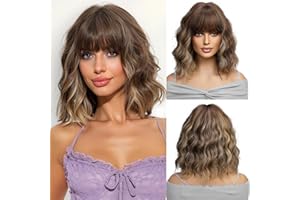 ‎OUFEI OUFEI Braun Gemischt Blonde Perücken für Frauen Kurz Gewellt Perücke mit Pony Natürliches Synthetisches Haar Hitzebeständig Perücken für Tägliche Party Cosplay Tragen