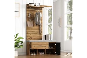 ModernLuxe Garderoben-Set Eingangsschrank Wandgarderobe in Holzoptik mit Spiegel, Schuhbank mit Polster, Schuhschrank, Regal und Kleiderhaken – 104 x 39 x190cm Holzfarbe