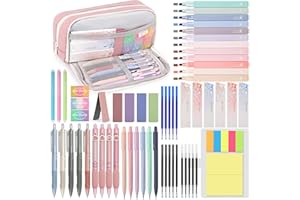 DazSpirit 61 Pezzi di Forniture Scolastiche con Astucci, 12 Evidenziatori Pastello, 4 Penna Gel Cancellabile, 5 Penne a Gel, 6 Portamine, Set di Cancelleria per Studenti, Appunti e Diario (Rosa)