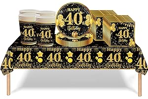 RONGZUBAT 53Pcs Black Gold 40th Birthday Party Tableware Decorations, Table Cloth Plates Napkins Cups Sets for Women Him Men Birthday Table Decor Gifts Dinnerware