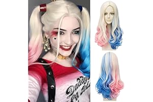 SHENGRUILI Harley Quinn Perücke Damen,Lang Cosplay Perücke,Bösewicht perücke,Quinn Cosplay,Blond Blau Rosa für Karneval Halloween Fasching Kostüme Party