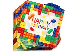 Tenare 32 Stück Bausteine Servietten Mittagessen Papier Servietten Mehrfarbige Party Servietten Festliche Einweg Servietten Bausteine Dekorationen für Geburtstagsparty Kinder Junge, 16,5 x 16,5 cm