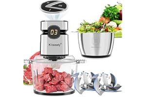 KISEELY Tritatutto elettrico 2 litri con display LED, Robot da cucina da a 3 velocità con 2 ciotole e 2 set di lame a due livelli, tritacarne e verdure da 400 W per carne, verdure, frutta e noci (ZV1)