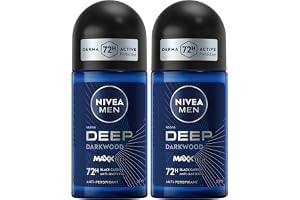 NIVEA MEN Antiperspirant Roll-on for Men, DEEP Black Carbon Antibacterial, Dark Wood Scent, 2x50ml