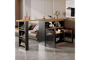 Merax 360° swivelling 3 Tier Dining Bar table, with storage cabinet with glass Doors, Shelves, colourful LED Strip, Extendable Table, for Kitchen, Dining Room, Living Room, Black/138-193X39X105CM