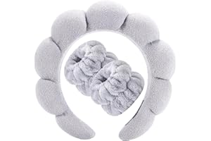 KWQINX Spa face wash headband and wristband set, headband for washing face, soft skincare headbands, hair and wrist band for washing face, bubble soft women's skin care headband(grey+wristband)