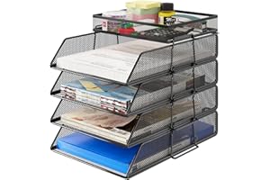 TQVAI 4 Niveles Organizador Escritorio Bandejas para Cartas Oficina A4 Papeles, Organizador Documentos Revistero Archivador Material Oficina y Papeleria, Negro