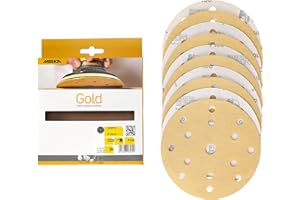 Mirka Gold Papel de lija universal Ø 150mm Discos de lijado con velcro de 15 agujeros, grano P180, 10 piezas / Para lijar yeso, masilla, aglomerado, madera, barniz