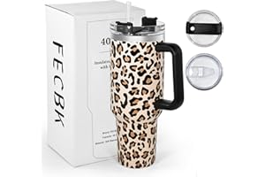 FECBK Thermobecher mit Strohhalm und Henkel 1,2L, 100% Auslaufsicherer Trinkbecher, Edelstahl Vakuumisoliert Kaffeebecher mit Griff, Hält 12 Std Heiß / 34 Std Kalt, Gepard