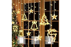 Aluusy Luces de Navidad 3,5M Blanco Cálido Cortina de Luces Navidad, 8 Modos Guirnalda Luz para navideña Exterior Interior Decoración 2025 con Estrellas, Campanas, Renos, Árbol de navideña